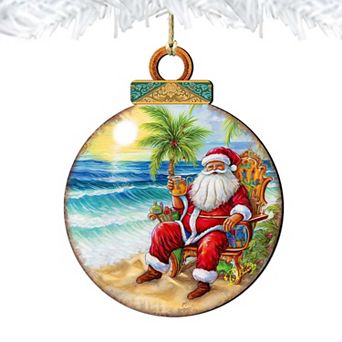 Coastal Christmas Decor - Sunset With Santa Wooden Ornaments By G. Debrekht