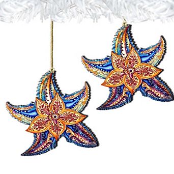Nautical Christmas Ornaments - Mosaic Starfish Wooden Ornaments Set Of 2 By G.debrekht