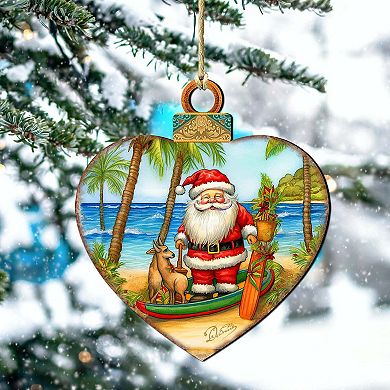 Beach House Decor - Santa On The Beach Wooden Ornaments Set Of 2 By G. Debrekht