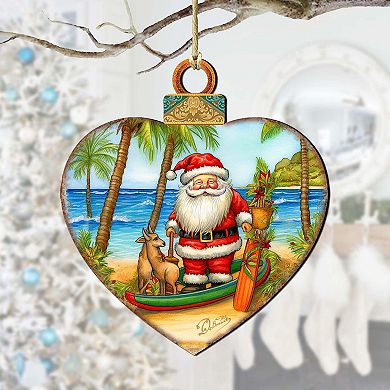 Beach House Decor - Santa On The Beach Wooden Ornaments Set Of 2 By G. Debrekht