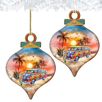 Nautical Christmas Ornaments - Sunset On The Beach Wooden Ornaments Set Of 2 By G. Debrekht