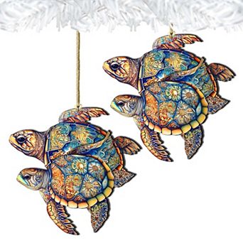 Coastal Decorations - Turtles Wooden Ornaments Set Of 2 By G.debrekht