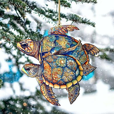 Coastal Decorations - Turtles Wooden Ornaments Set Of 2 By G.debrekht