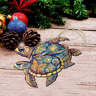 Coastal Decorations - Turtles Wooden Ornaments Set Of 2 By G.debrekht