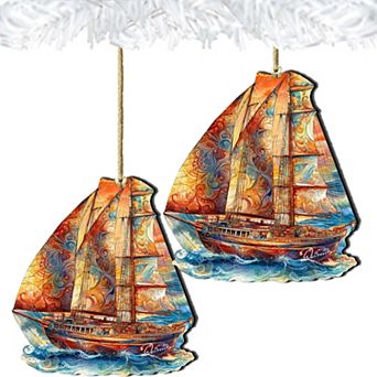 Beach House Decor - Colorful Sailboat Wooden Ornaments Set Of 2 By G. Debrekht