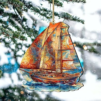 Beach House Decor - Colorful Sailboat Wooden Ornaments Set Of 2 By G. Debrekht
