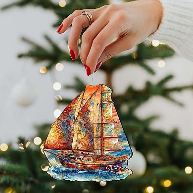 Beach House Decor - Colorful Sailboat Wooden Ornaments Set Of 2 By G. Debrekht