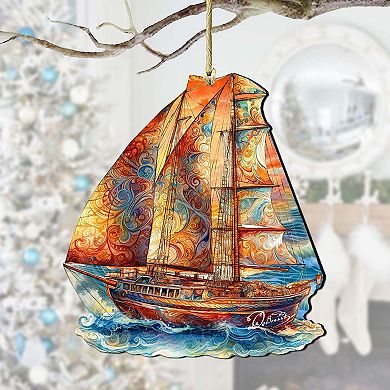 Beach House Decor - Colorful Sailboat Wooden Ornaments Set Of 2 By G. Debrekht