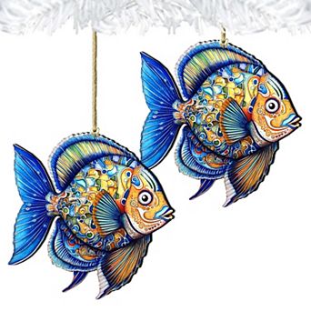 Wooden Christmas Tree Decorations - Blue Fish Wooden Ornaments Set Of 2 By G.debrekht