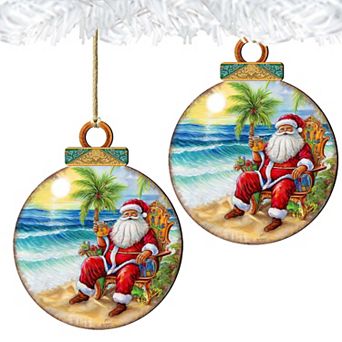 Coastal Christmas Decor - Sunset With Santa Wooden Ornaments Set Of 2 By G. Debrekht