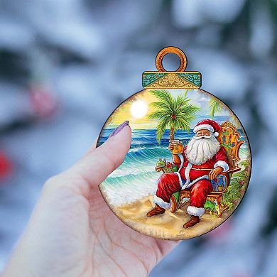 Coastal Christmas Decor - Sunset With Santa Wooden Ornaments Set Of 2 By G. Debrekht