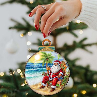 Coastal Christmas Decor - Sunset With Santa Wooden Ornaments Set Of 2 By G. Debrekht