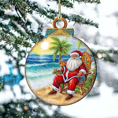 Coastal Christmas Decor - Sunset With Santa Wooden Ornaments Set Of 2 By G. Debrekht