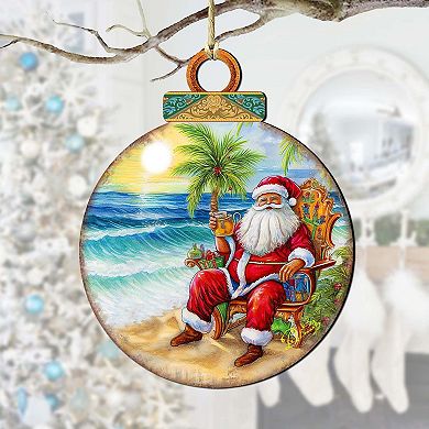 Coastal Christmas Decor - Sunset With Santa Wooden Ornaments Set Of 2 By G. Debrekht