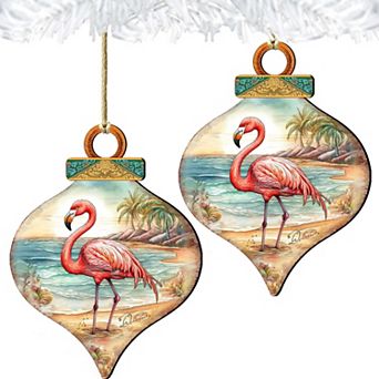 Holiday Coastal Decor - Flamingo Charm Wooden Ornaments Set Of 2 By G. Debrekht