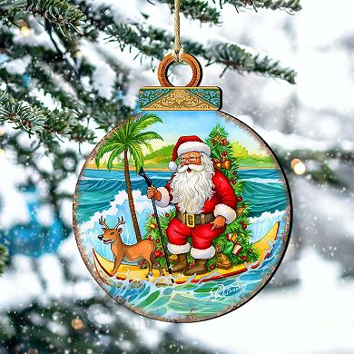 Nautical Christmas Decor - Santa On The Surfboard Wooden Ornaments By G. Debrekht