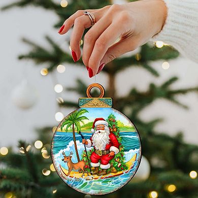 Nautical Christmas Decor - Santa On The Surfboard Wooden Ornaments By G. Debrekht