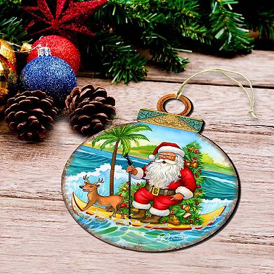 Nautical Christmas Decor - Santa On The Surfboard Wooden Ornaments By G. Debrekht