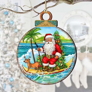 Nautical Christmas Decor - Santa On The Surfboard Wooden Ornaments By G. Debrekht