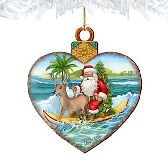 Wooden Christmas Ornaments - Surfing Santa Heart Wooden Ornaments By G.debrekht