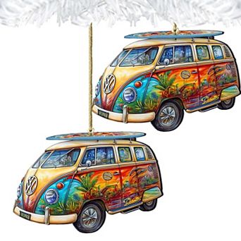 Beach Themed Ornaments - Hippie Van Wooden Ornaments Set Of 2 By G.debrekht