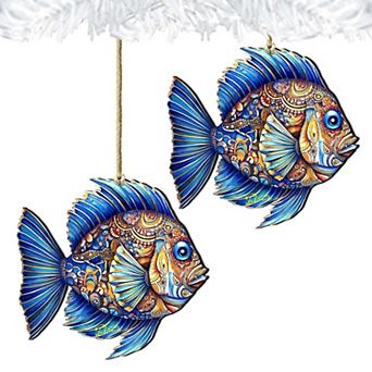 Coastal Decorations - Sapphire Sea Fish Wooden Ornaments Set Of 2 By G. Debrekht