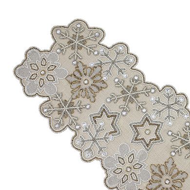 St. Nicholas Square Snowflake Beaded On Burlap Holiday Table Runner