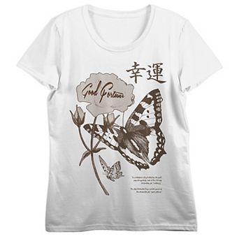 Juniors' Good Fortune Butterflies Short Sleeve Graphic Tee