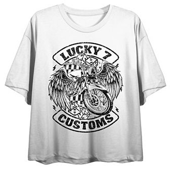 Juniors' Lucky 7 Customs Motorcycle Boxy Crewneck Graphic Tee