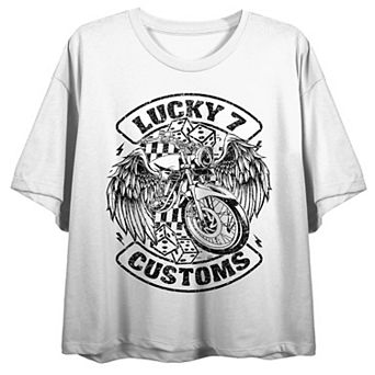 Juniors' Lucky 7 Customs Motorcycle Boxy Crewneck Graphic Tee