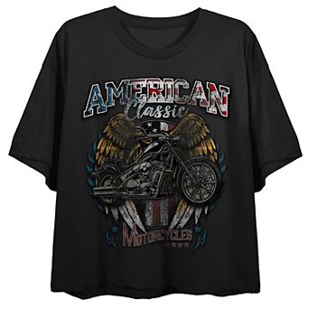 Juniors American Classic Motorcycles Faded Crewneck Boxy Graphic Tee