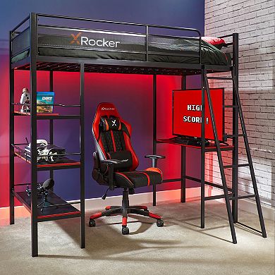 X-Rocker Fortress Twin Gaming Bunk Bed Frame with Desk & Built-In Shelving