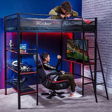 X-Rocker Fortress Twin Gaming Bunk Bed Frame with Desk & Built-In Shelving