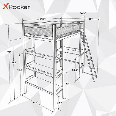 X-Rocker Fortress Twin Gaming Bunk Bed Frame with Desk & Built-In Shelving