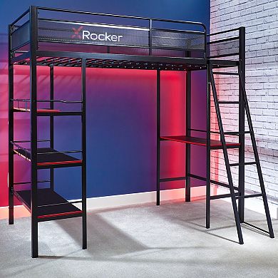 X-Rocker Fortress Twin Gaming Bunk Bed Frame with Desk & Built-In Shelving