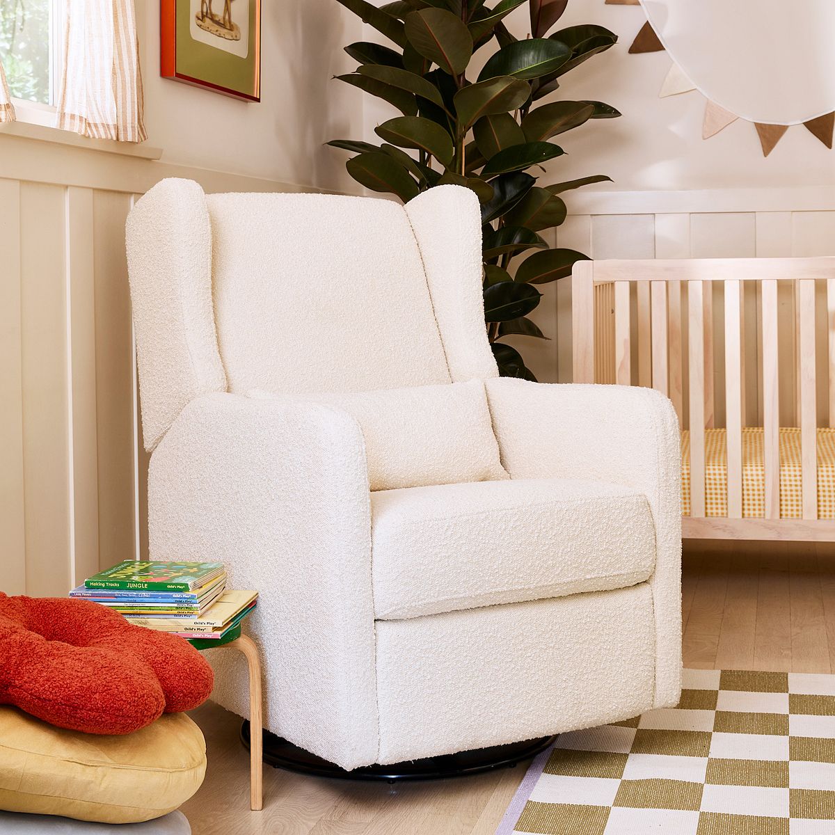 Cream recliner glider with tall backrest for nursery use