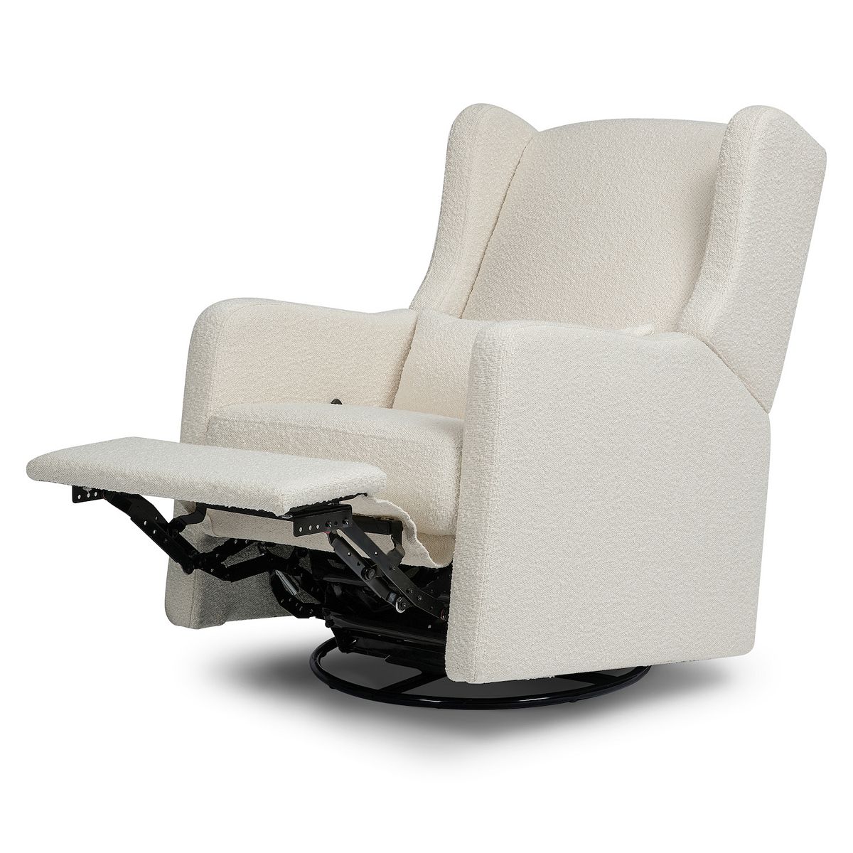 Side view of cream recliner swivel glider showing reclining mechanism