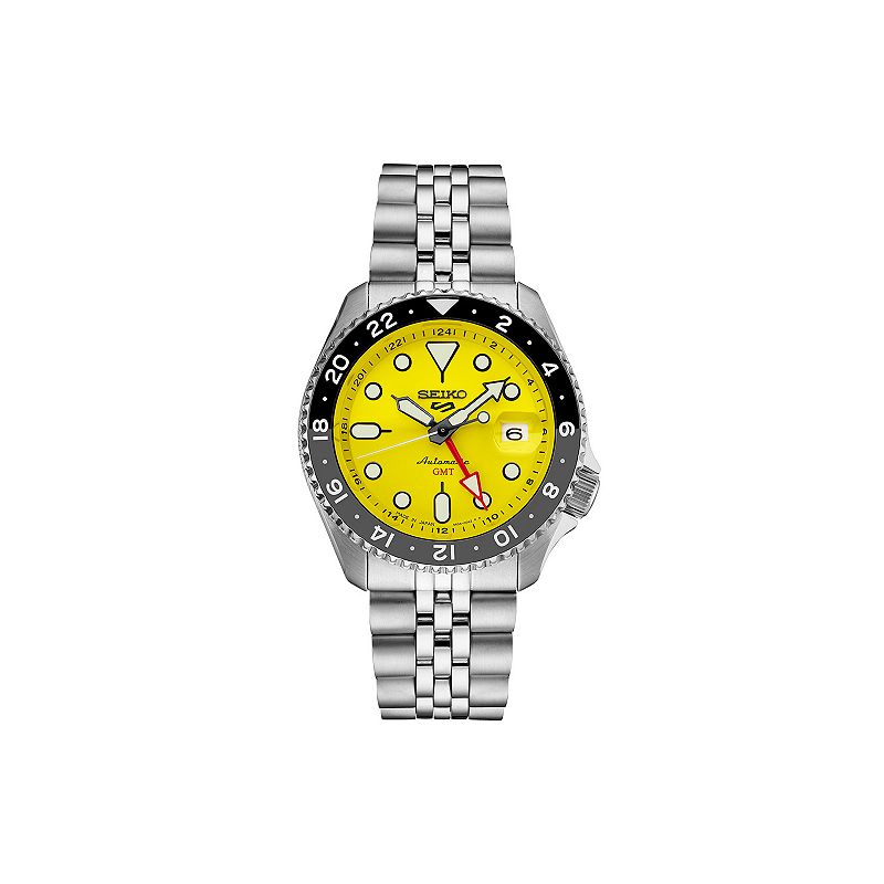 Seiko Men's 5 Sports Yellow Dial Stainless Steel Automatic Watch, Size: 43MM, Silver