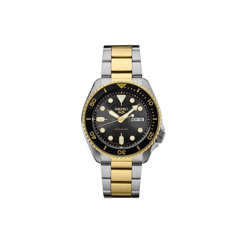 Seiko Men's 5 Sports Charcoal Dial Two Tone Stainless Steel Automatic Watch, Size: 43MM, Gold Silver