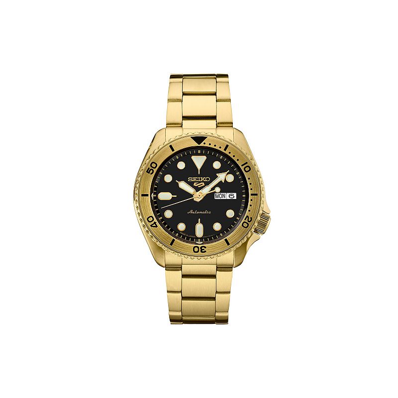 Seiko Men's 5 Sports Black Dial Stainless Steel Automatic Watch, Size: 43MM, Gold