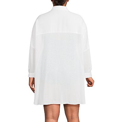 Plus Size Lands' End Sheer Oversized Button-Front Swim Cover-Up Shirt