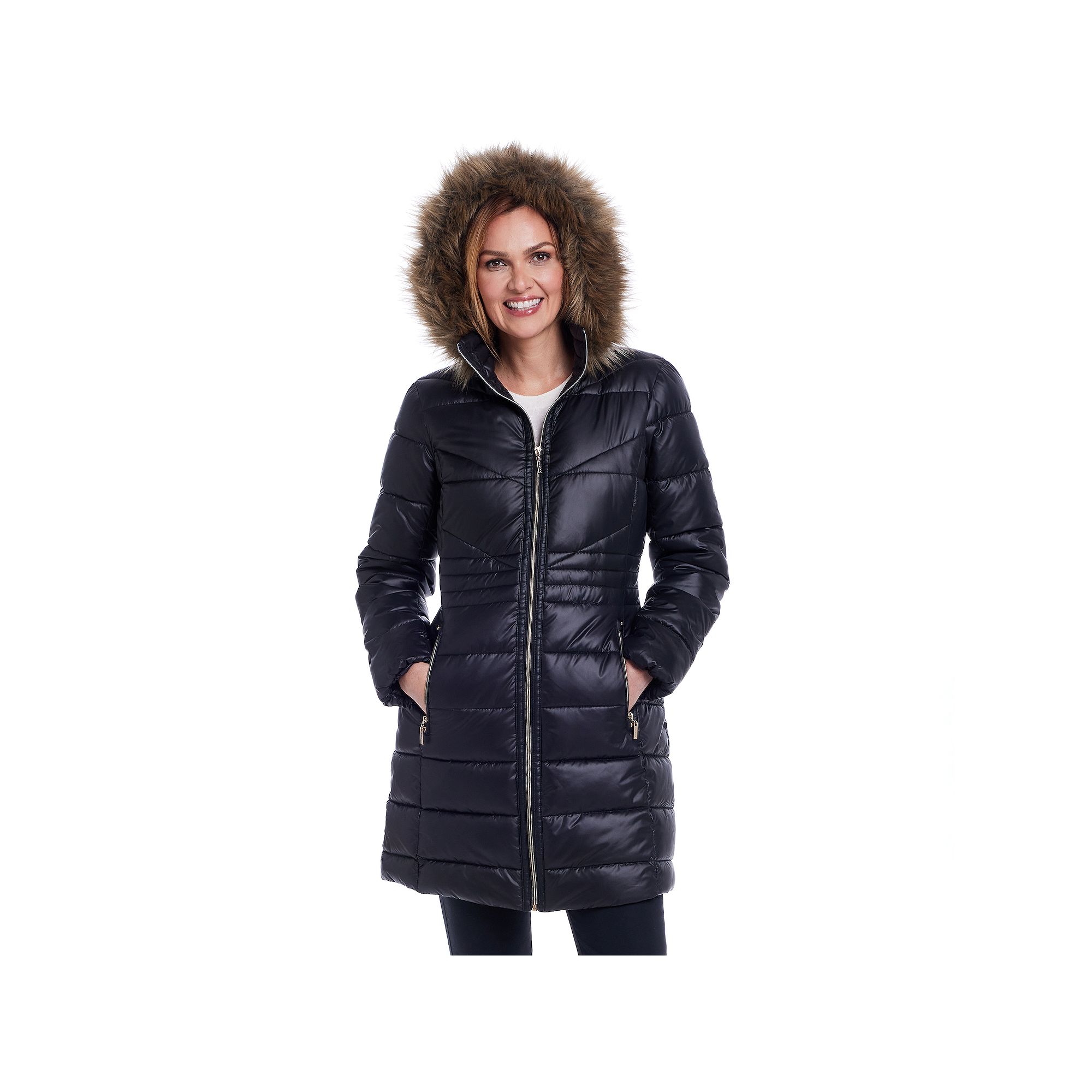 Womens Gallery Faux-Fur Hooded Puffer Jacket, Size: Large, Black