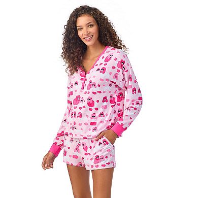 Women's Beauty Sleep Social Long Sleeve Pajama Henley and Pajama Shorts Sleep Set