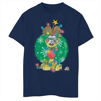 Boys Garfield Odie Tangled In Christmas Lights Husky Graphic Tee