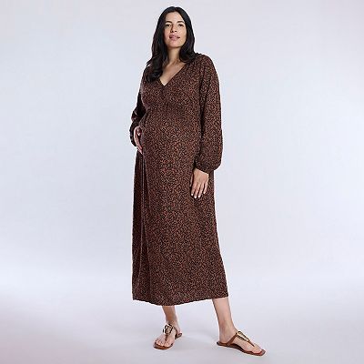 Motherhood Maternity Women's Long Sleeve Button Front Maternity Midi Dress - Brown - Casual Dresses