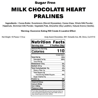 Sugar Free Milk Chocolate 15 Heart Pralines Sweetened With Plant-based Stevia 7.6 Oz