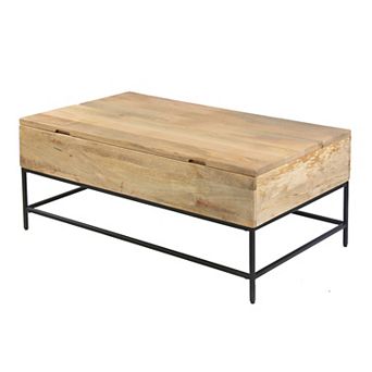 Audrey 45 Inch Handcrafted Mango Wood Coffee Table, Lift Top, Grain Details, Natural Brown, Black