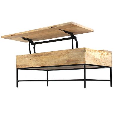 Audrey 45 Inch Handcrafted Mango Wood Coffee Table, Lift Top, Grain Details, Natural Brown, Black