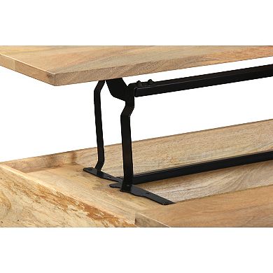 Audrey 45 Inch Handcrafted Mango Wood Coffee Table, Lift Top, Grain Details, Natural Brown, Black