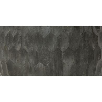 Val 34 Inch Handcrafted Mango Wood Coffee Table, Hammered Round Drum Shape, Honeycomb, Rustic Gray